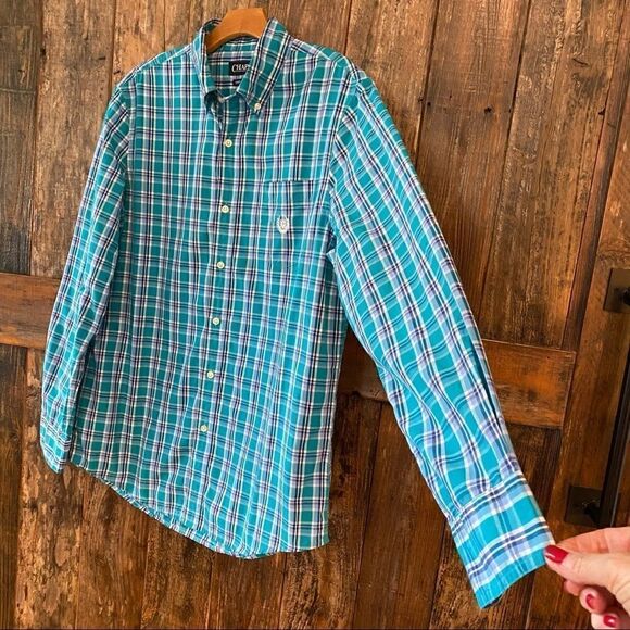 Chaps Men’s M Turquoise Plaid Pocket Long Sleeve Cotton Casual Dress Shirt - Picture 6 of 7